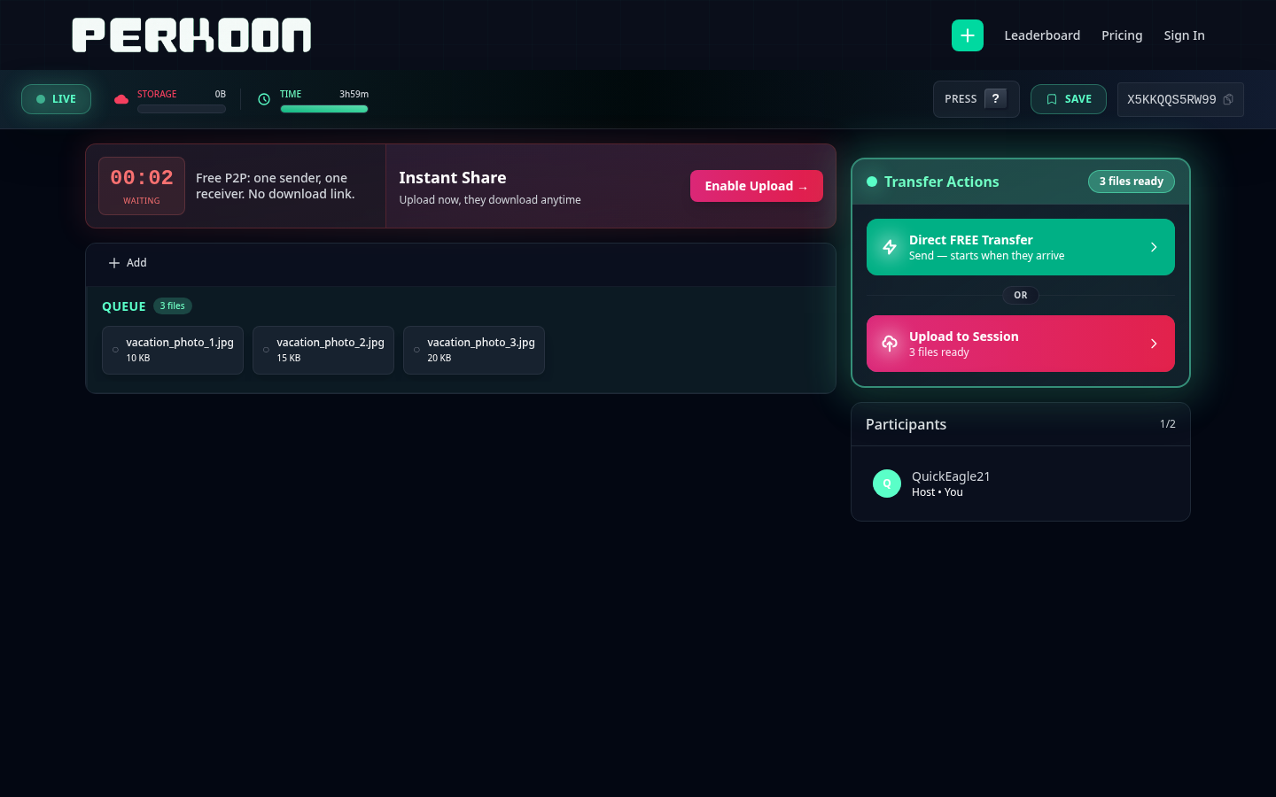 The old Perkoon sender screen showing two send buttons - 'Direct FREE Transfer' and 'Upload to Session' - separated by the word 'OR', with three queued files in the panel beside them.
