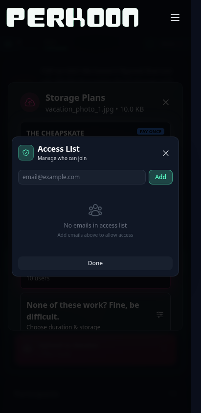 A mobile screen with two stacked modals: a Storage Plans modal underneath and an Access List modal on top, both blocking the underlying transfer screen.